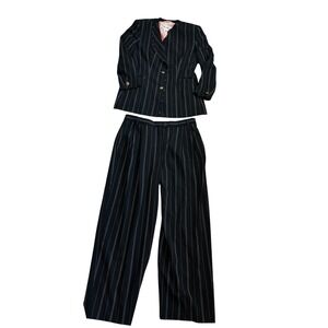 Escada Margaretha Ley Pant Suit 42/44 Black Pinstripe Wool Blazer Trousers